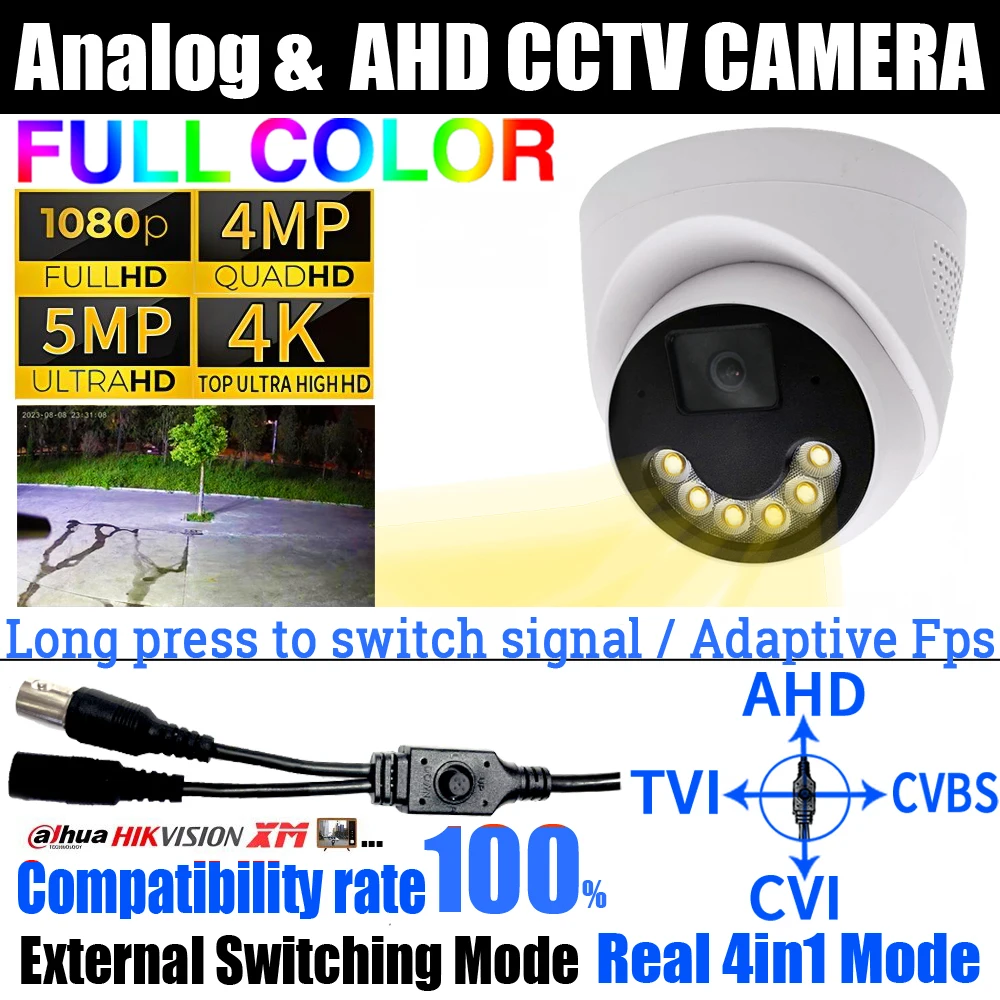 6LED High Power Luminous Full Color AHD Camera 5MP 4M 2MP 4K CCTV TVI/CVI/Analog 4in1 OSD Menu Cable Digital HD Security Monitor