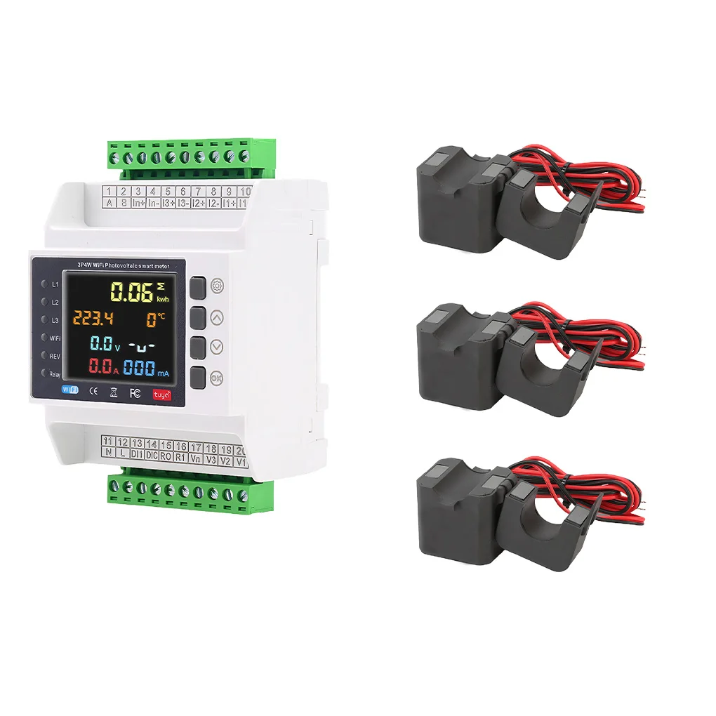 

Three Phase Tuya WiFi Smart Bi-Directional Energy Meter with 3 CT Clamps Leakage Over Under Voltage Protector Relay Switch Limit