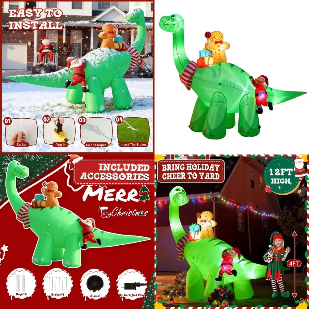 

Рождественский надувной динозавр высотой 12 футов с Санта-Клаусом, светодиодная подсветка, декор для наружного и внутреннего газона