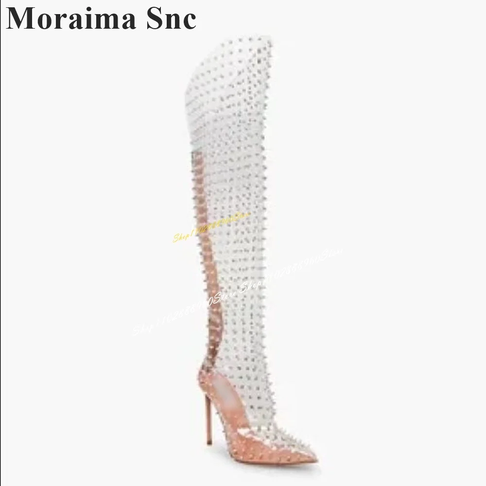 Knee High Beveled Clear PVC Crystal Boots Thin High Heel Women Shoes Back Zipper Pointed Toe 2024 Fashion Zapatos Para Mujere