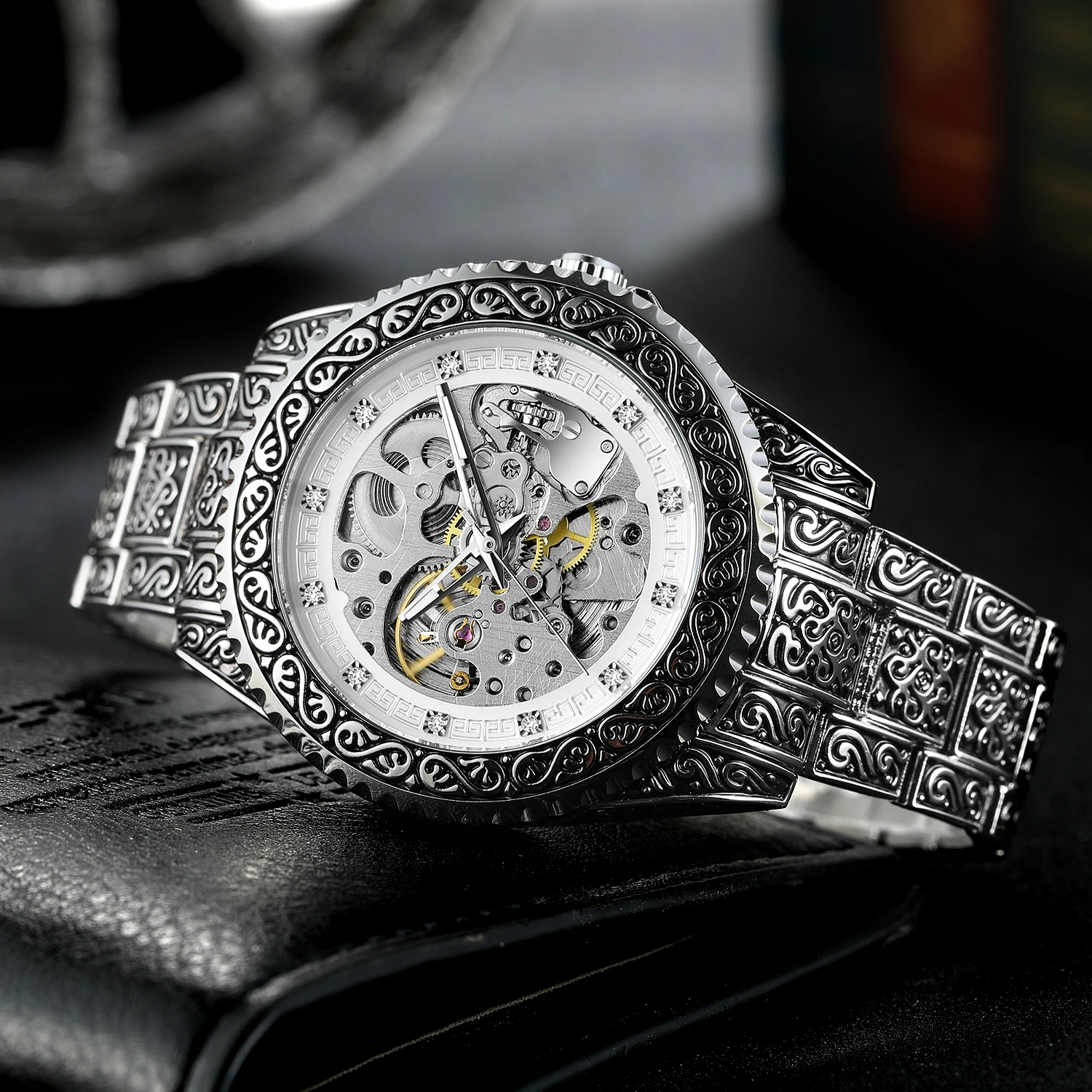 FORSINING ريترو موضة رجالي الهيكل العظمي التلقائي الساعات الميكانيكية كول حجر الراين فضي الفولاذ المقاوم للصدأ خمر نحت على مدار الساعة