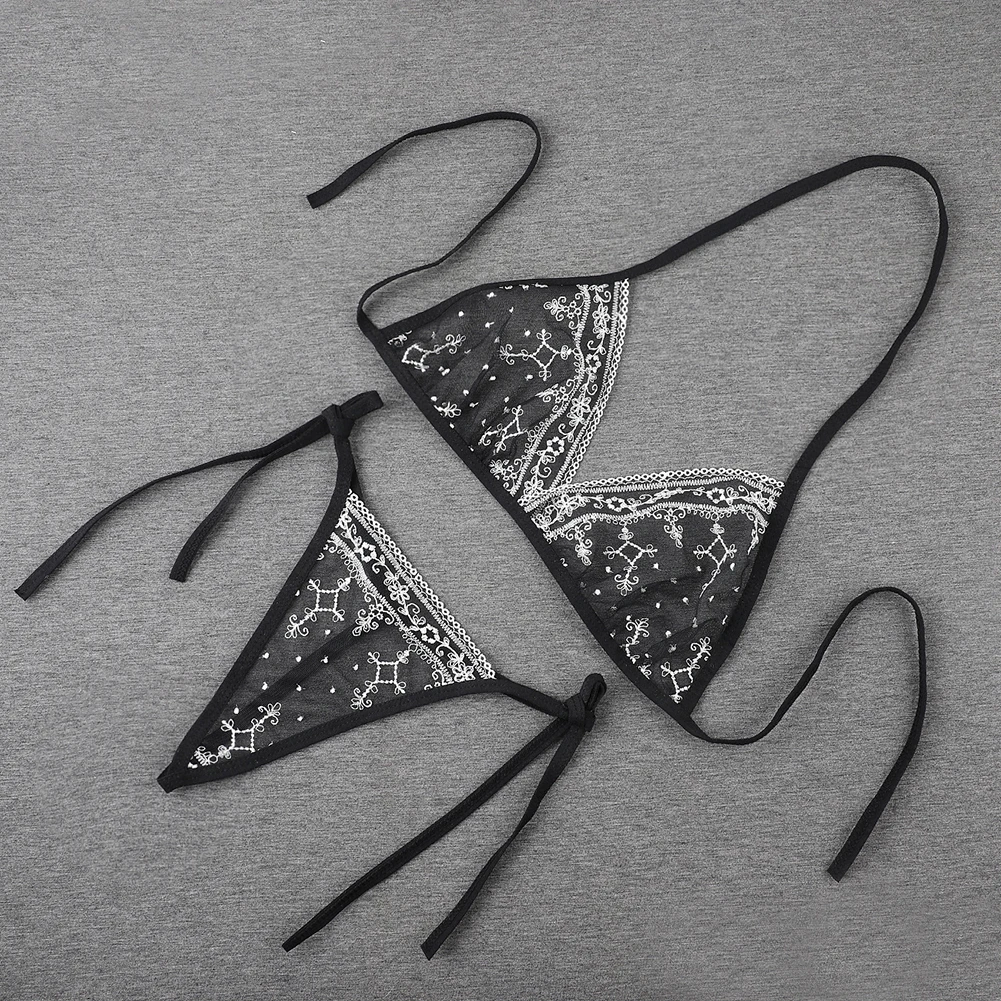Sexy Lingerie Womens Bikini Bra Set Embroidered Flower 3 Point Transparent Mesh Lace Up Breathable Ultra-Thin Underwear
