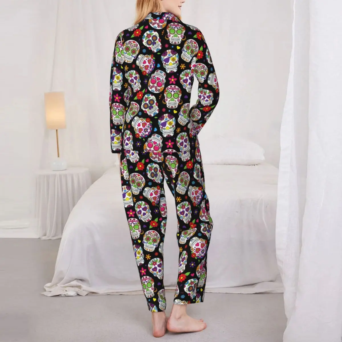 Trendy Floral Skull Pajamas Set Autumn Colorful Sugar Skulls Cute Room Sleepwear Women 2 Piece Casual Loose Oversized Nightwear