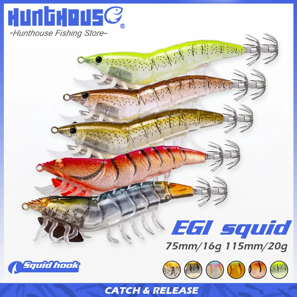 Hunthouse Luminous EGI Squid Jig 115mm 20g 5PCS Slow Sinking 3D Hybrid Wood Shrimp Hard Bait Glow Squid Hook Cuttlefish Octopus
