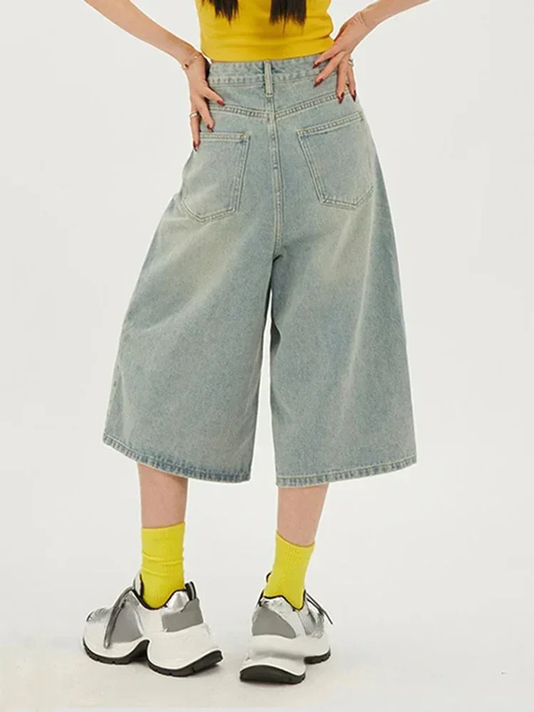 Korean Streetwear High Waisted Versatile Women's Straight Cropped Shorts Summer New American Retro Loose Women Wide Leg Jeans
