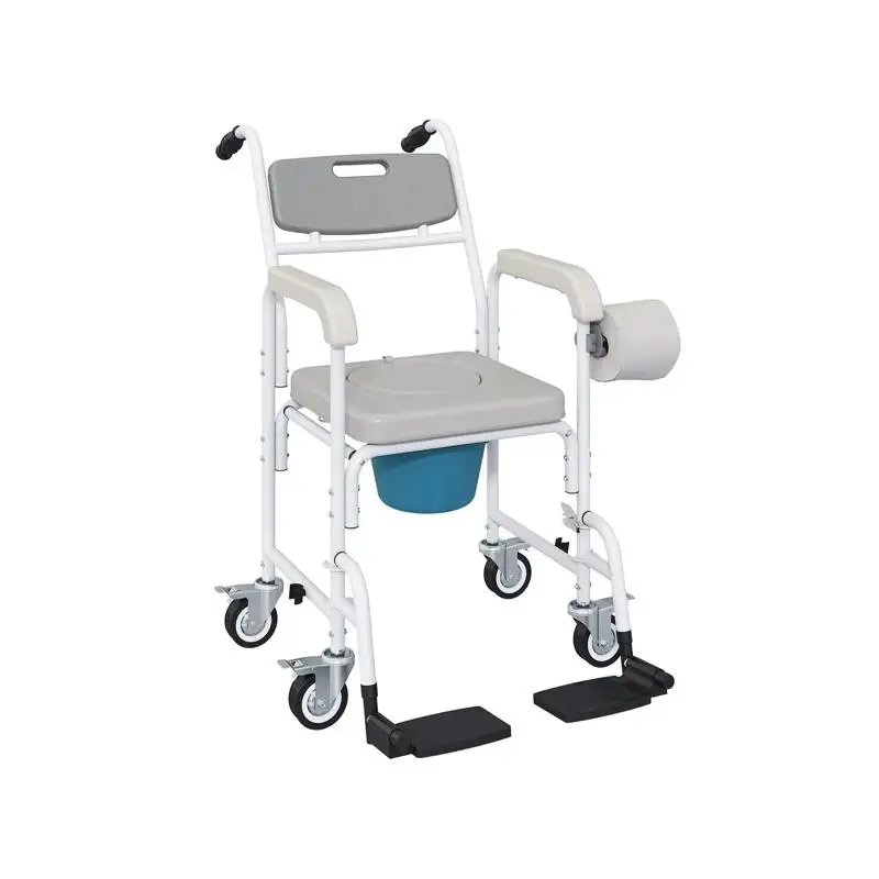 

Gray Shower Commode Wheelchair for Seniors - Portable Bedside Toilet Chair for Easy Hygiene Care and Mobility Assistance