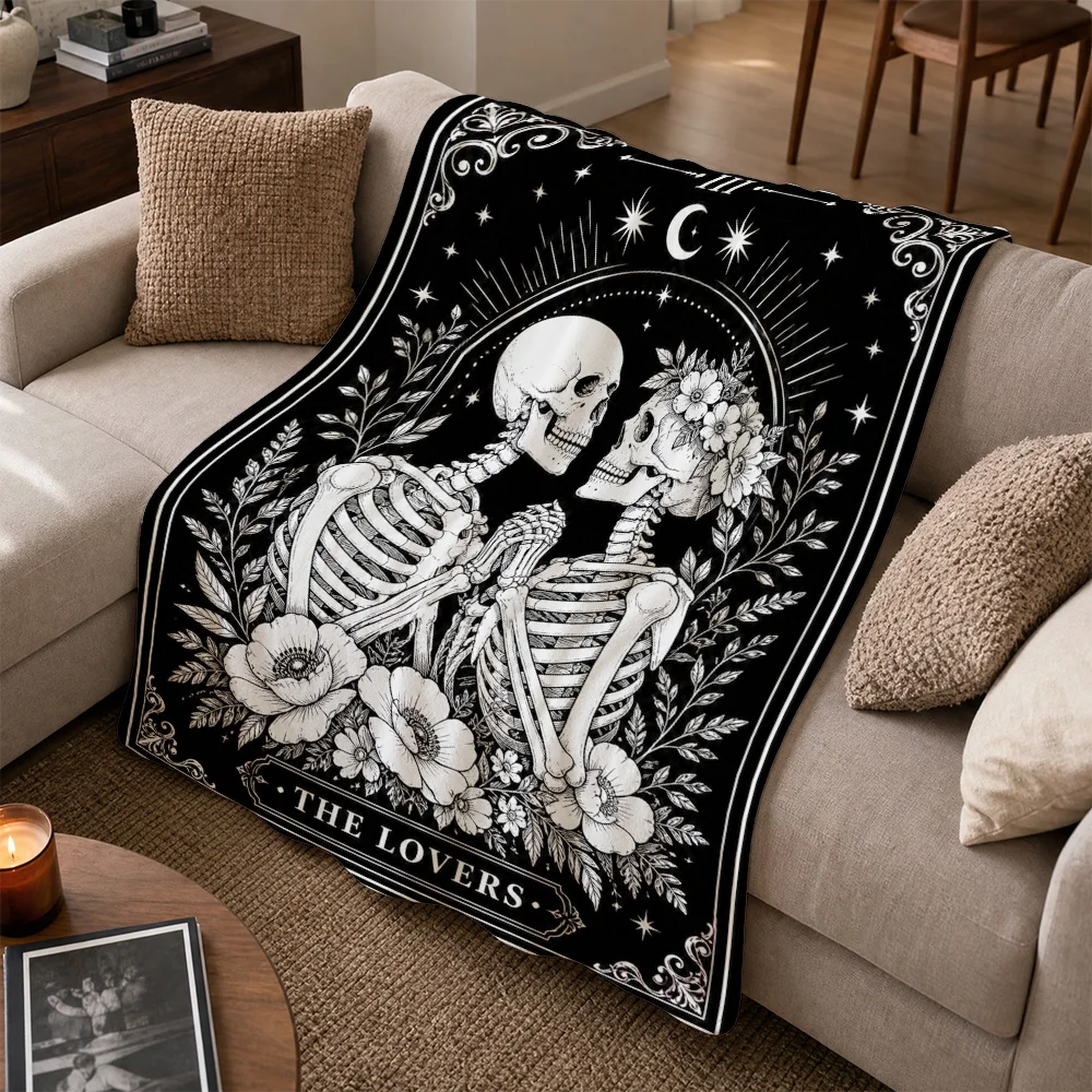Dark Gothic Skeleton Lovers Throw Blanket Couch Decor Halloween Aesthetic Couple Gift Throws Cozy Bedding Home Accent