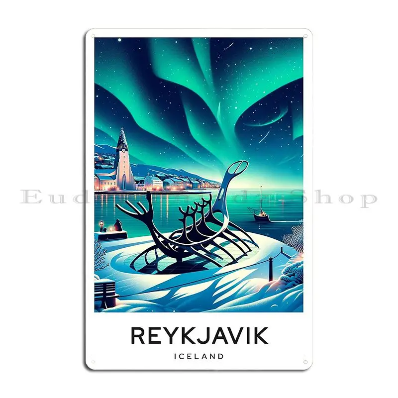 Winter Reykjavik Iceland With Northern Lights Metal Sign Painting Garage Cinema Iron Party Tin Sign Poster