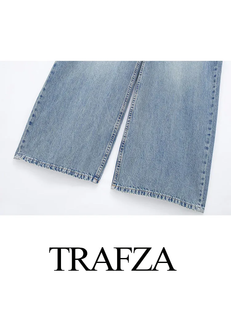 TRAFZA Women's Summer Blue Color Fashion Vintage Long Sleeved Lapel Denim Dress Female Elegant Single Breasted Long Dress image 4