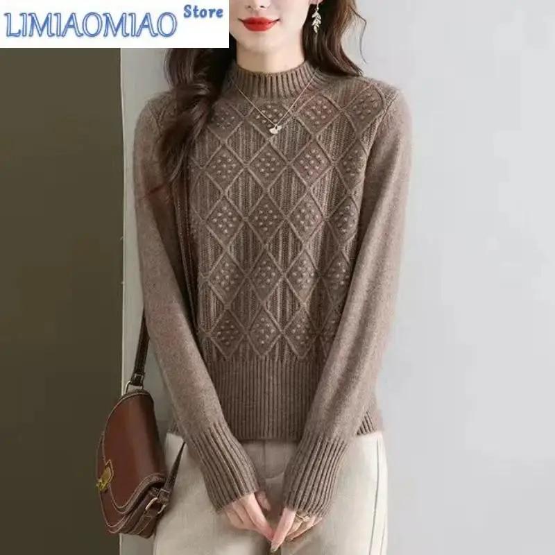 Comfortable Solid Color Pullover Long Sleeve Sweater Knitted Women's Clothing O-Neck Autumn Winter Screw Thread Korean Tops
