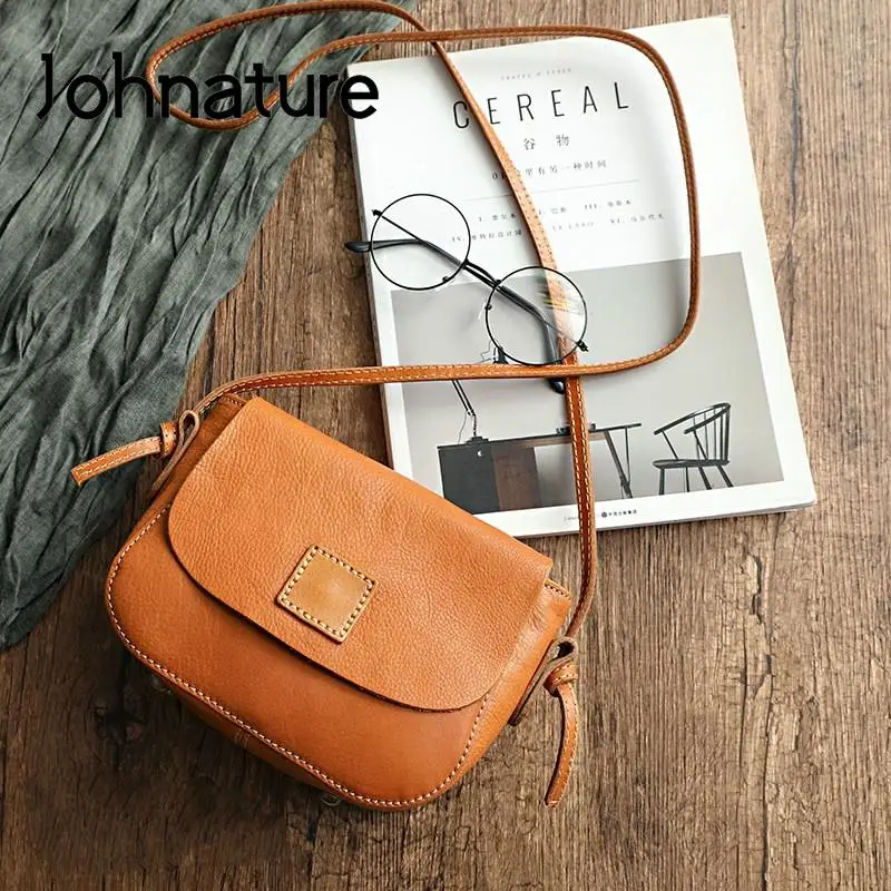 Johnature 2024 Summer New Genuine Leather Retro Women Small Bag Versatile Soft Nature Cowhide Shoulder & Crossbody Bags