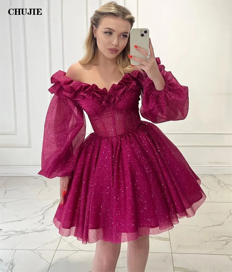 Glitter Long Sleeves Homecoming Dresses Girl\'s Cocktail Dress Tulle V Neck A Line Wedding Evening Gown Vestido de Graduación