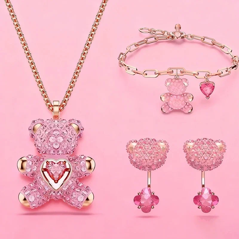 

S925 Pure Silver Luxurious Simple Women's Jewelry Pink Bear Set Necklace Bracelet Earrings Fashionable Cute Christmas Gift Party
