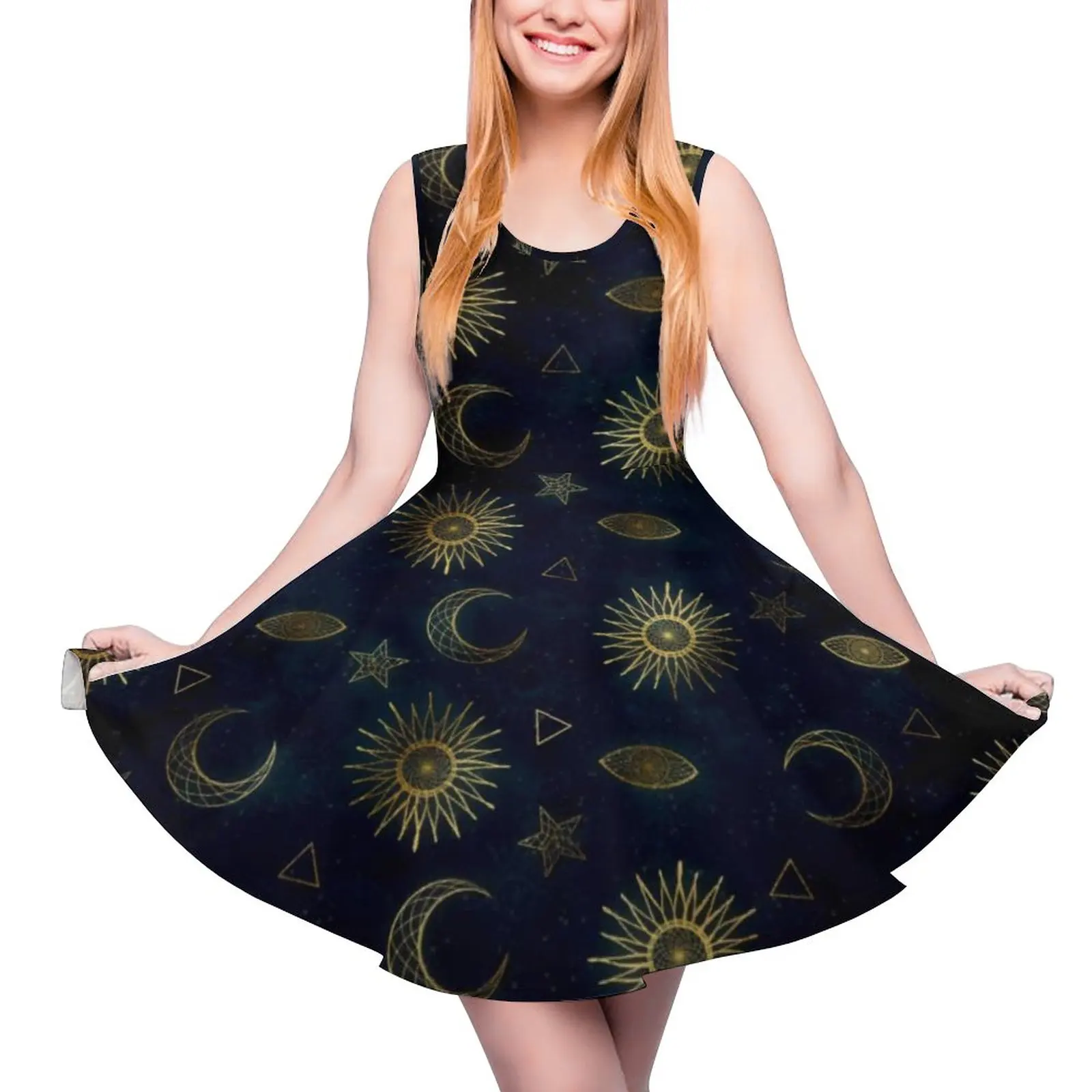 Vestido símbolo mágico ouro lua sol estrelas vestidos estéticos feminino night club skate vestido de verão roupas estampadas 3xl 4xl 5xl