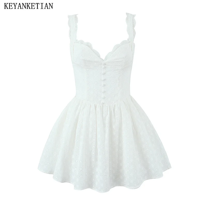 

KEYANKETIAN 2024 New Launch Women's Lace Embellished Hollowed-out Embroidery Sleeveless Mini Dress Holiday wind White Dresses