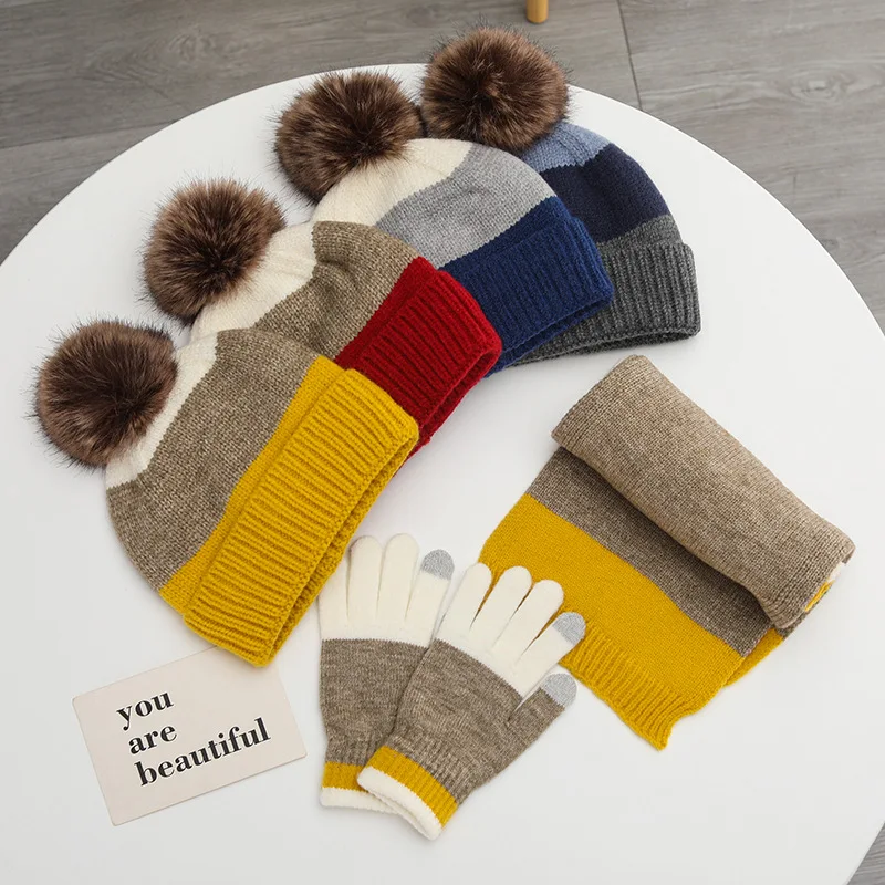 Color Matching Plush Thickened Hat Warm for Children Winter Wool Hats Scarves Gloves 3-Piece Set Kids