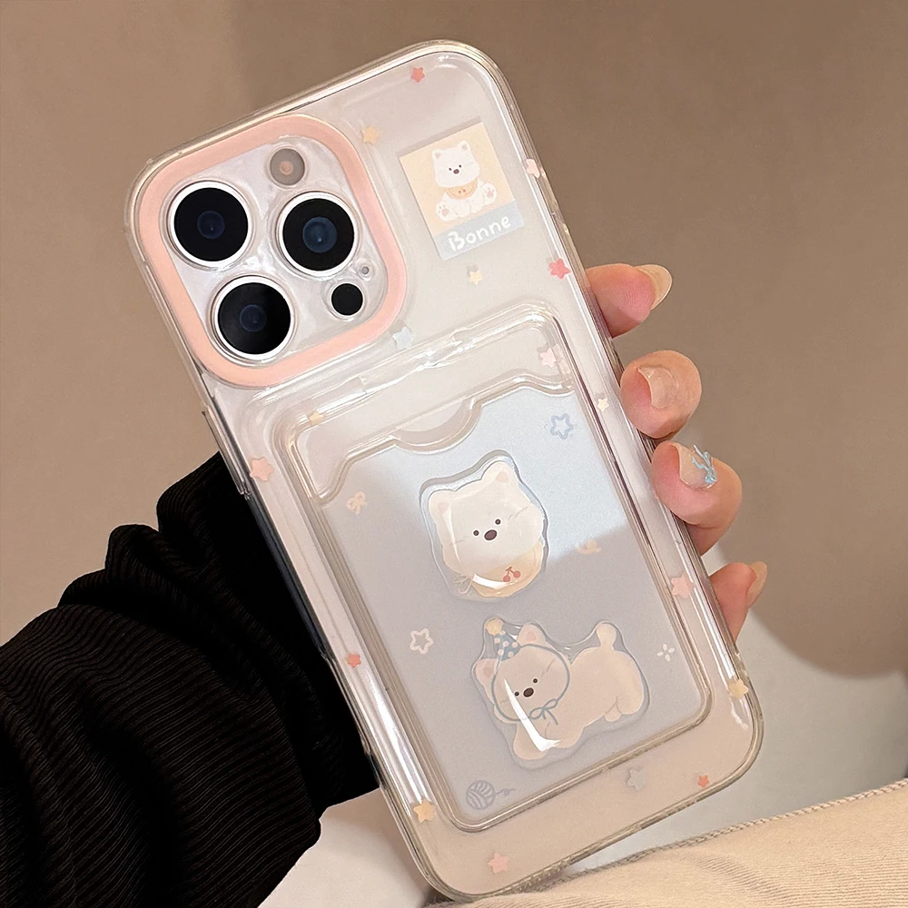 

Cartoon Dog Cute Puppy Wallet Card Holder Slot Case for IPhone 11 12 13 14 15 16 Pro Max XS X XR 7 8 Plus TPU Clear Back Cover