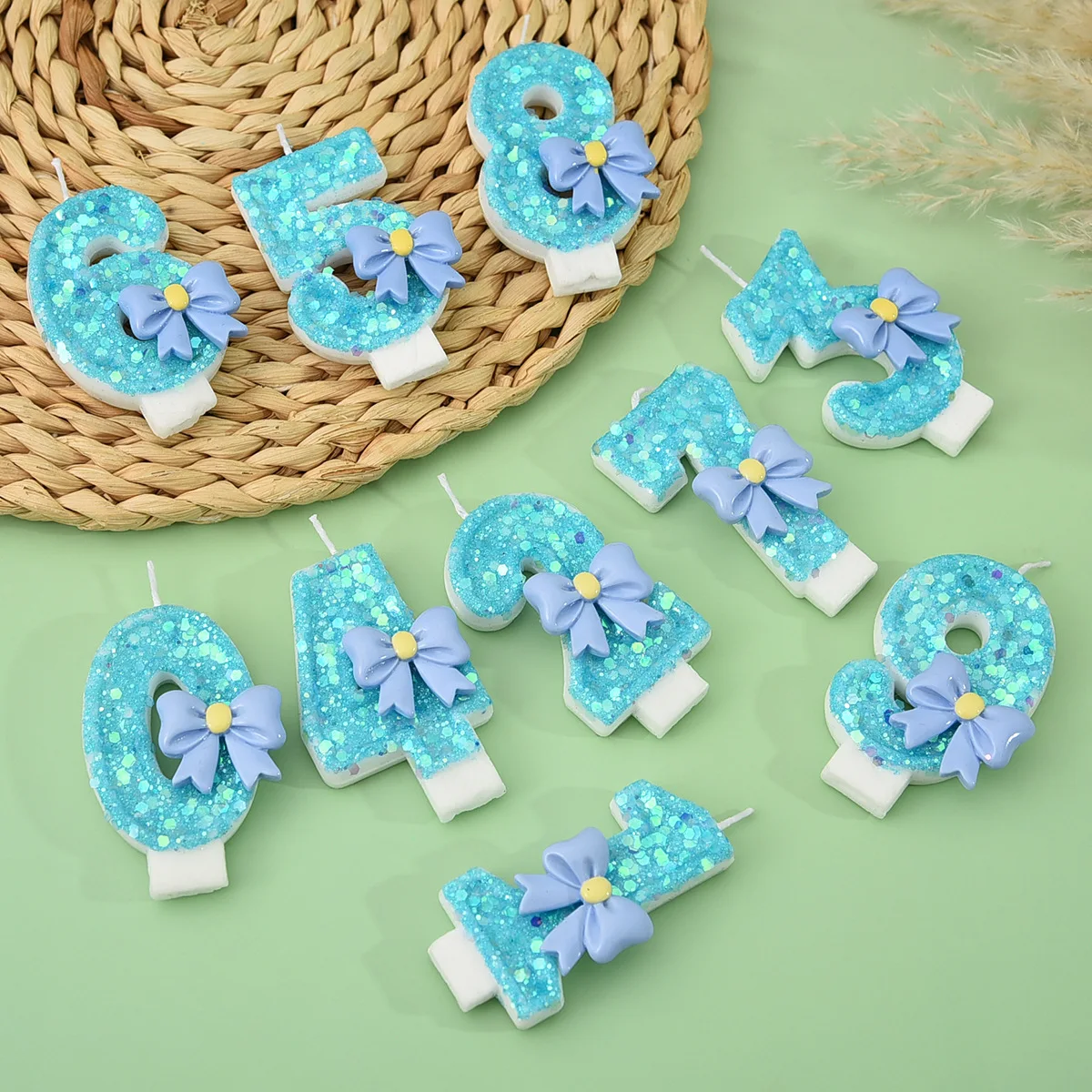 Light Sky-Blue Sequined Pale Blue Bow-Shaped Number Candles, Party Gifts, Birthday and Anniversary Candles
