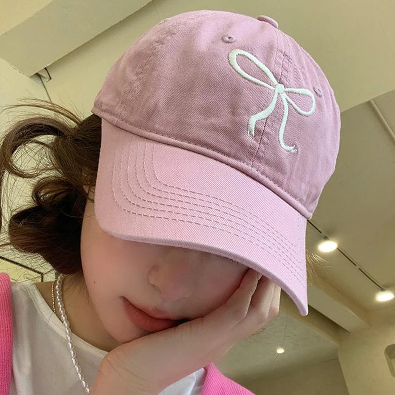 1Pcs Sweet Bowknot Embroidery Baseball Hat For Women Solid Color Korean Girl Peaked Cap Outdoor Soft Cotton Sun Visors Hat ﻿