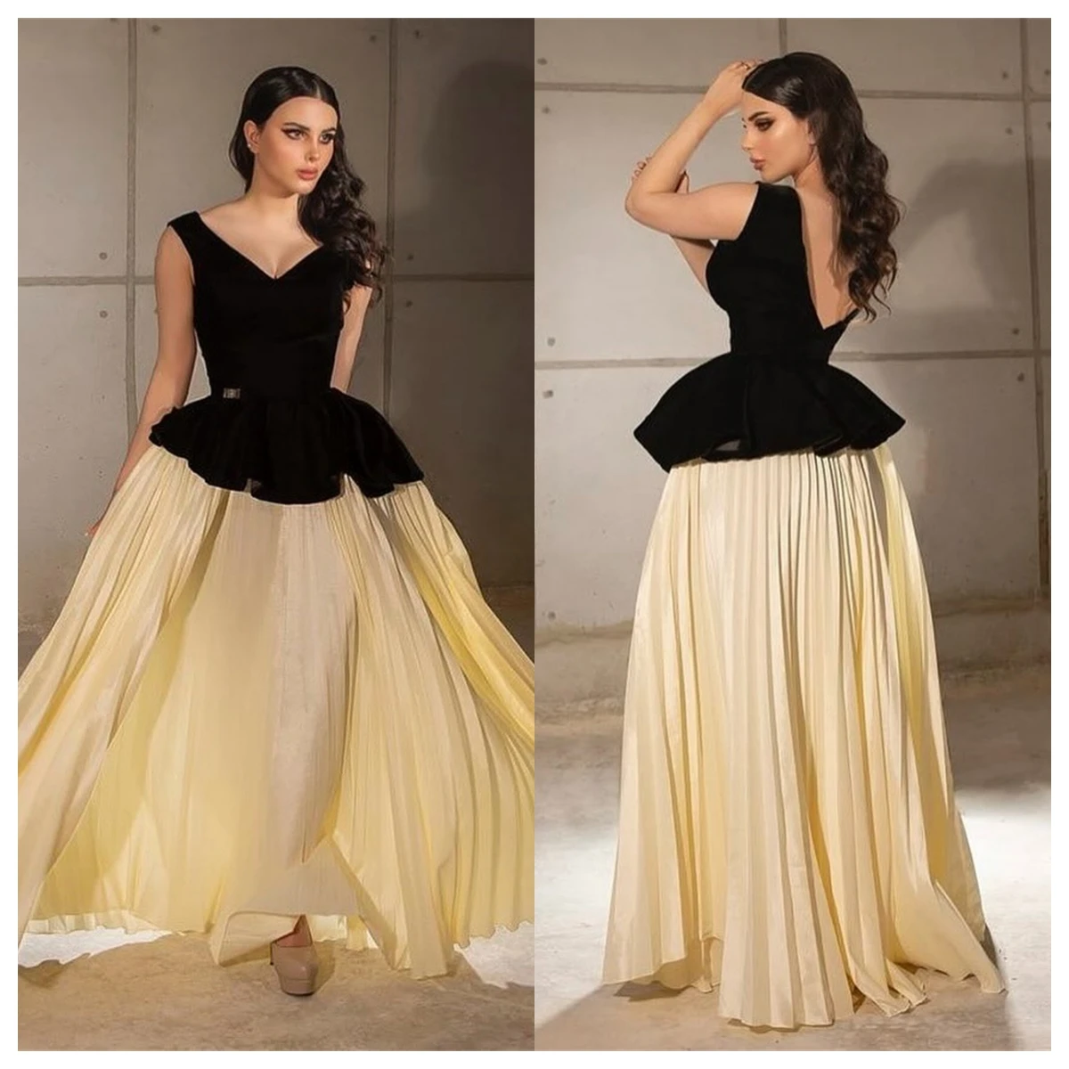 أزياء مخصصة فستان سهرة شيفون أصفر على شكل حرف v وأكمام قصيرة بدون أكمام فستان العودة للوطن فساتين المشاهير مفتوحة الظهر