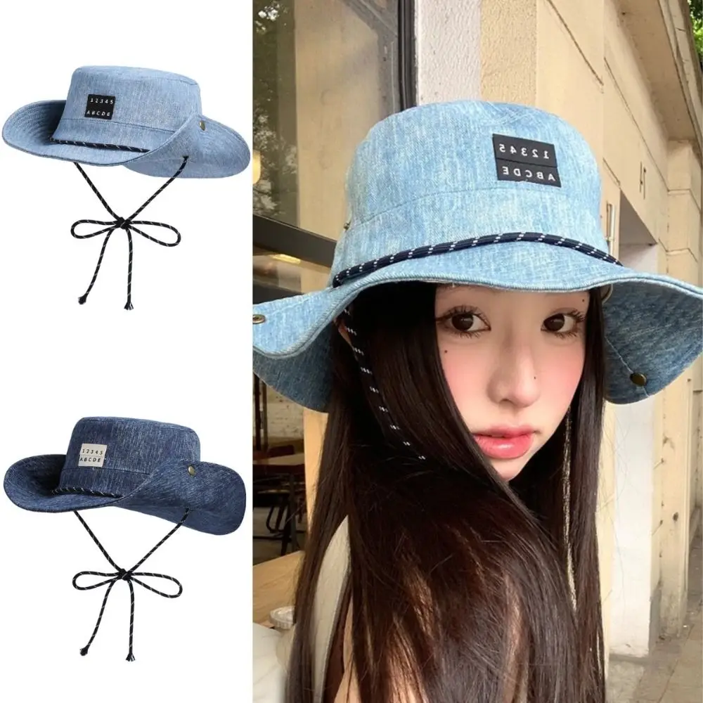 

American Alphabet Vintage Washed Denim Hat Drawstring Adjustable Windproof Fisherman Hat Wide Brim Sunscreen Casual Sun Hat