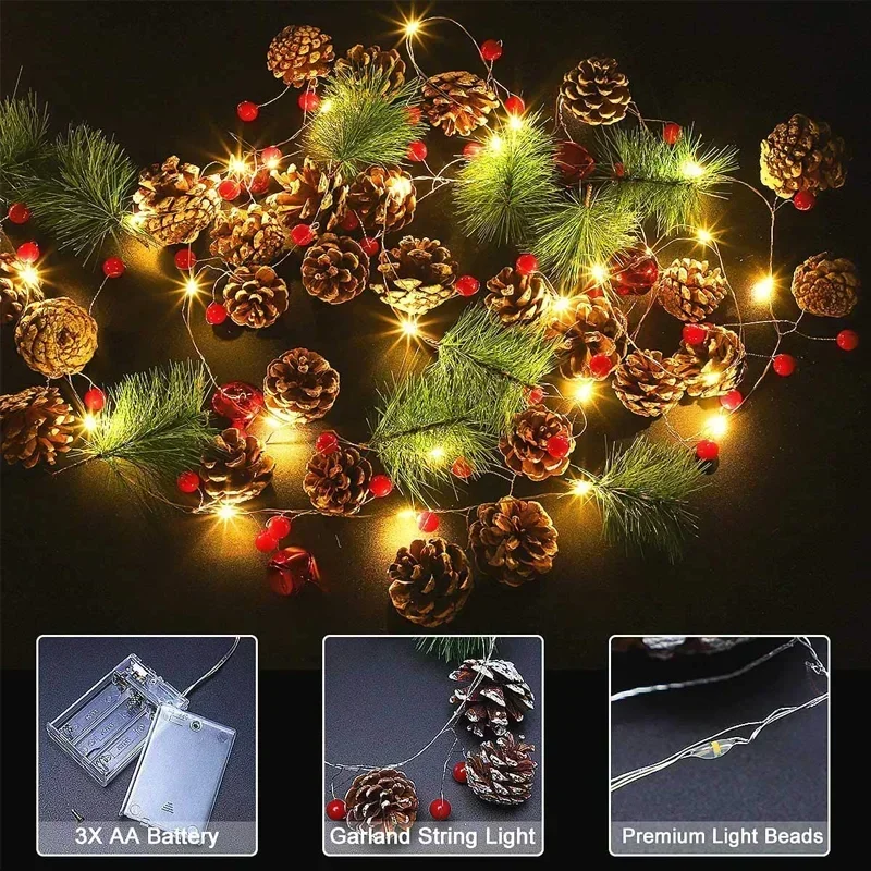 Guirnalda de luces navideñas para exteriores, impermeable, cono de pino navideño, LED, alambre de cobre, guirnalda de hadas, lámpara decorativa para Patio y vacaciones