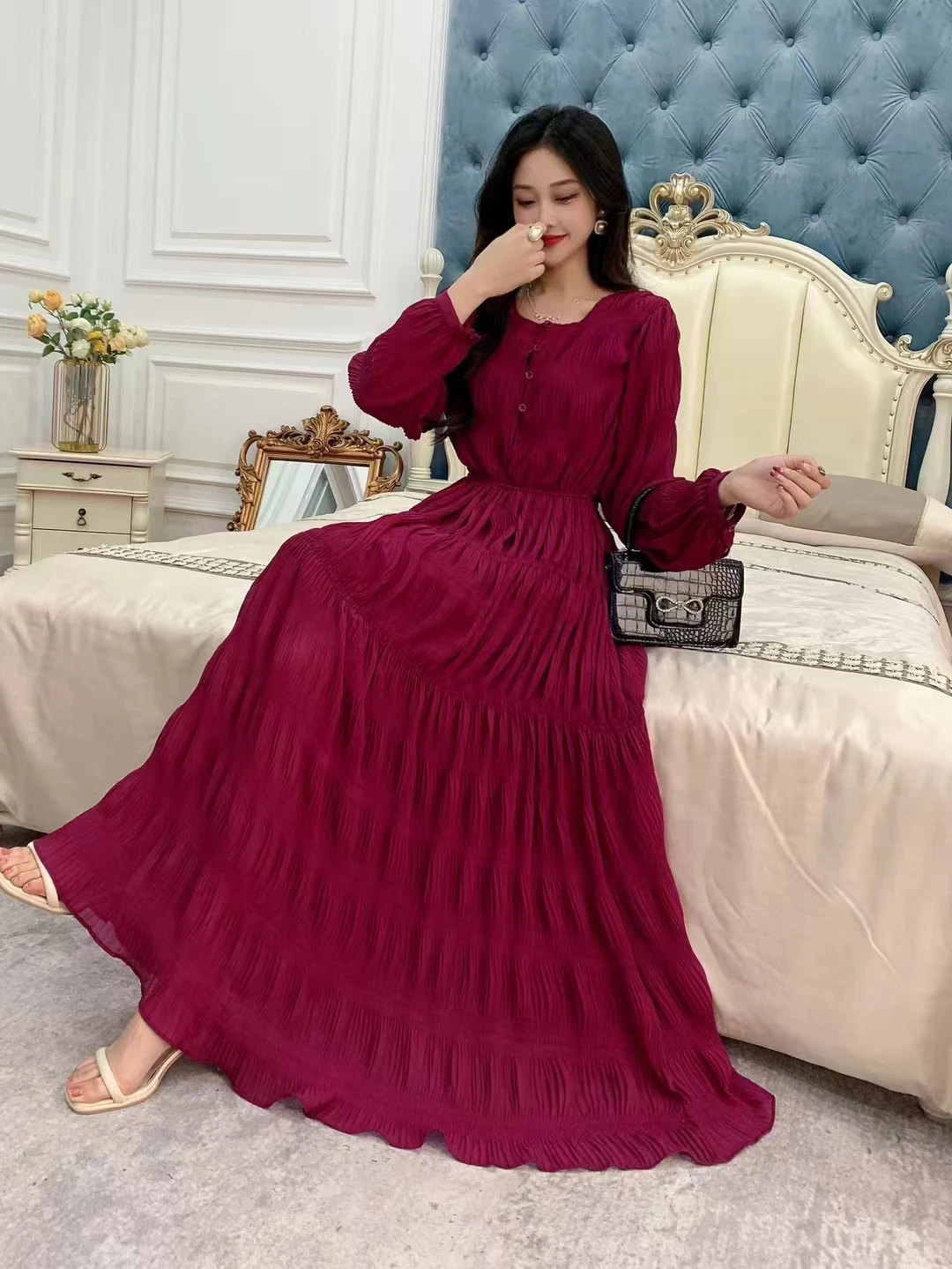 2023 New Spring Autumn Women Long Sleeve Loose Fit Long Dress Elegant Big Hem Pleated  Solid Color Chiffon Dress y2k clothes