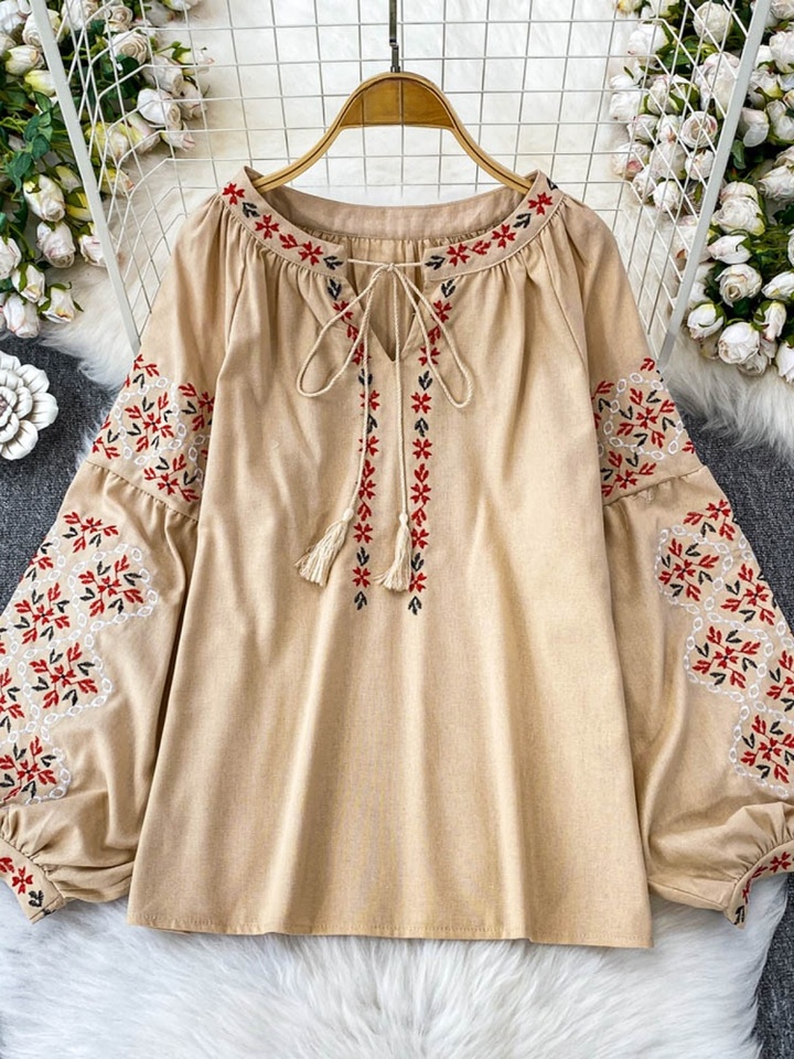  Retro Embroidered round Ne Lantern Sve irt Women's Loose Fit Slimming Top Sweet Knot Summer New Sle Korean Version 