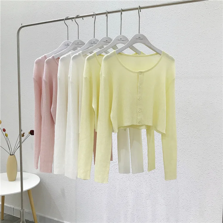 9017 Plus Size Internet Celebrity Gleicher Stil 3 Farben Kurze Strickjacke Jacke Rundhals Pullover Lose Sonnenschutz