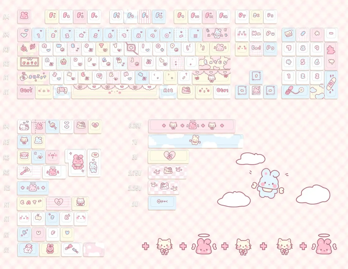 Keycap PBT Sublimasi Lima Sisi Penuh Kelinci Biru Merah Muda Keycap Angin Lucu Keycap Tinggi MOA