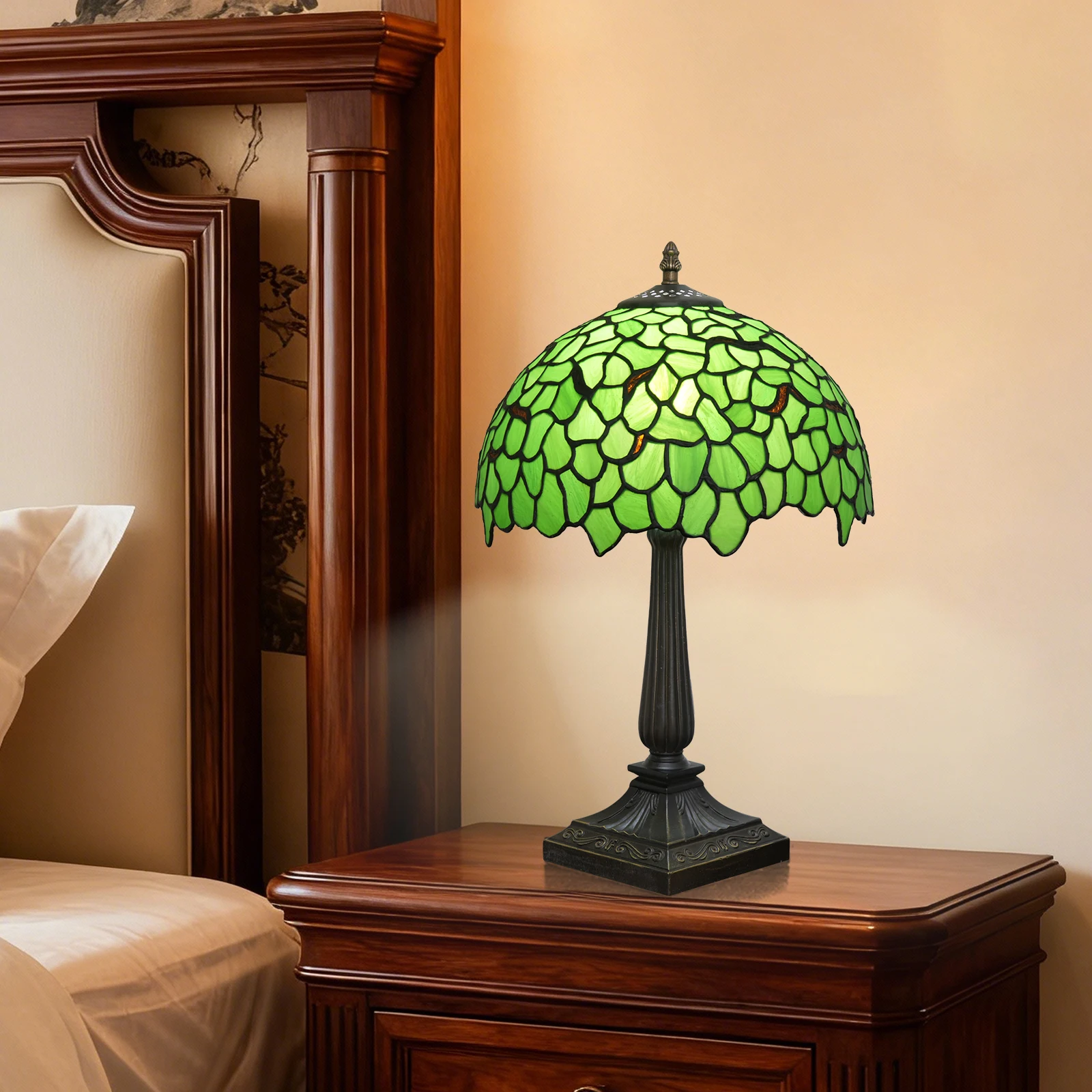 Lampa stołowa w stylu Tiffany, vintage, z witrażami, lampa biurkowa, zielona wisteria, lampka nocna do czytania, dekoracja do sypialni, salonu, domu, biura.