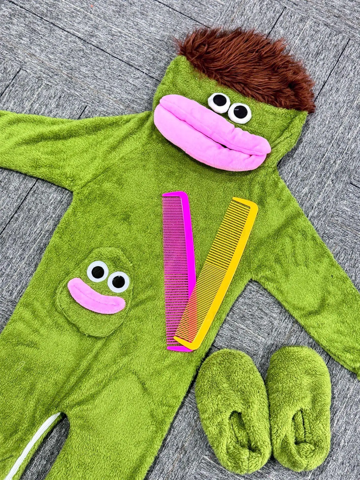 Großmaul-Monster Cartoon-Onesie-Pyjama für Kinder, Herbst-Winter, langer Plüsch, Haus-Loungewear, niedlich, lustig, Ganzkörper-Schlafanzug, warm