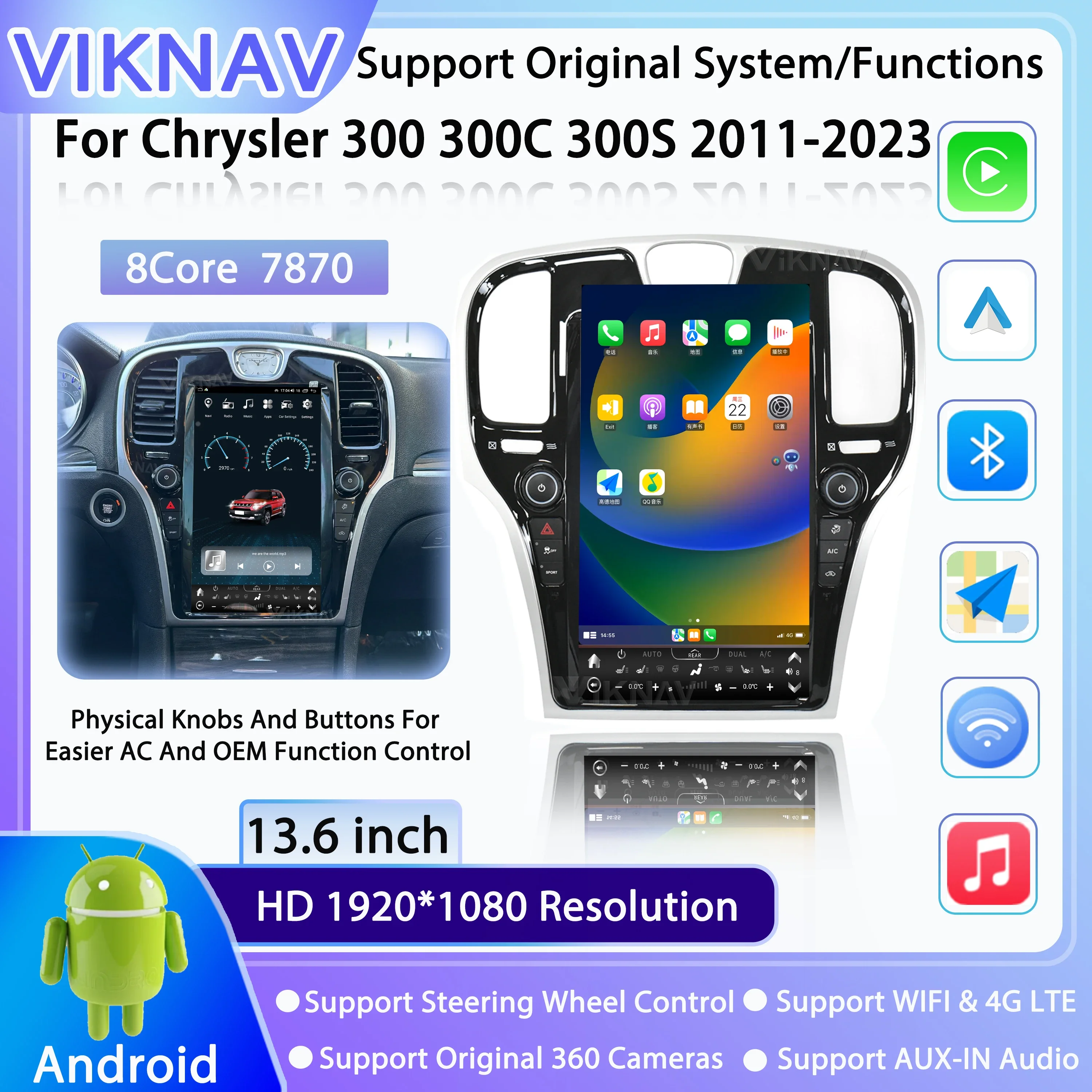 

Android Car Radio For Chrysler 300 300C 300S 2011-2023 GPS Navigation Wireless Carplay Auto Stereo Video Multimedia Player