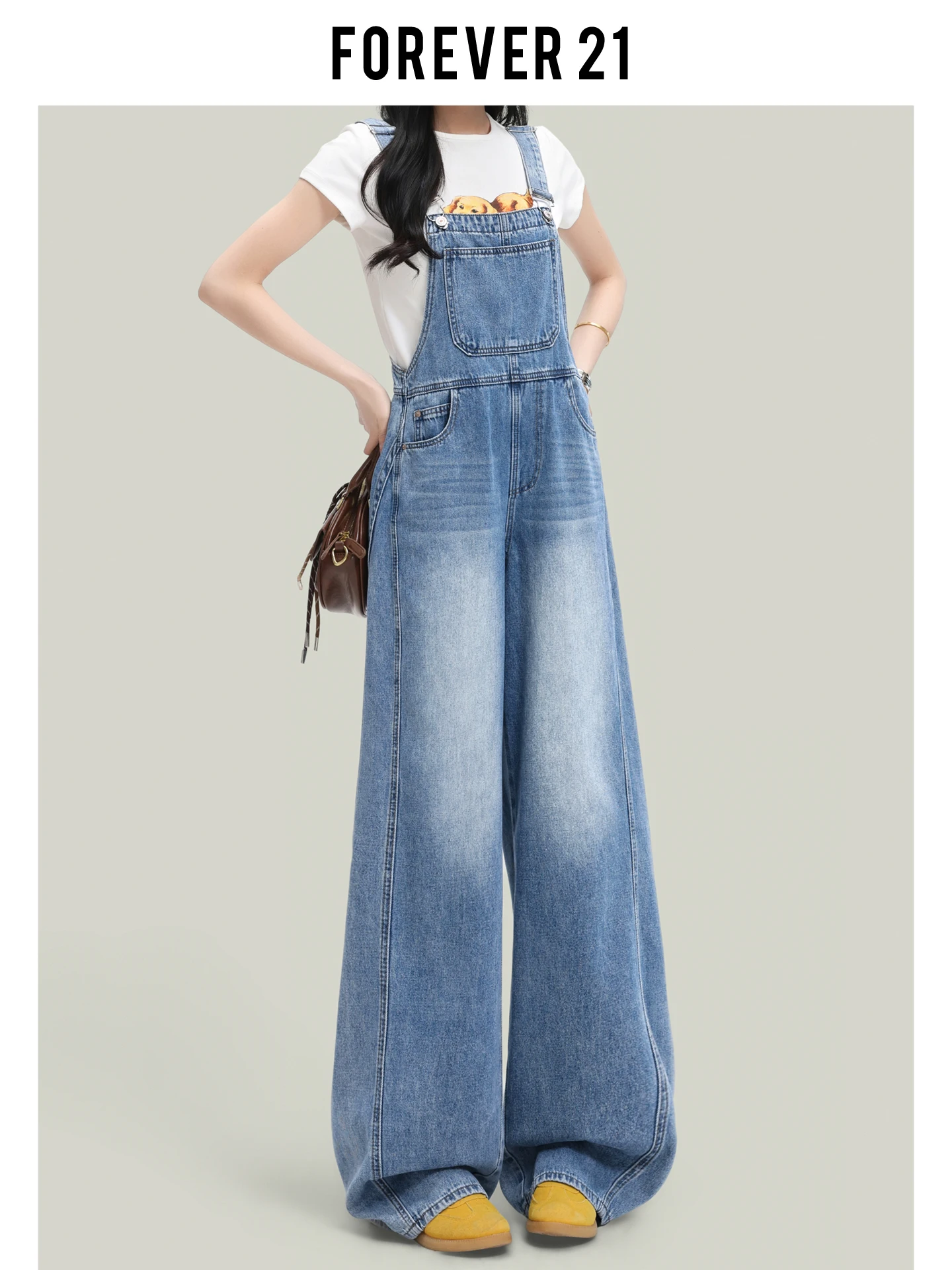

Blue Denim Overalls Women's High Waist Wide Leg Jeans Spring American Sle Agel Faion Versatile Trousers by Forever 2