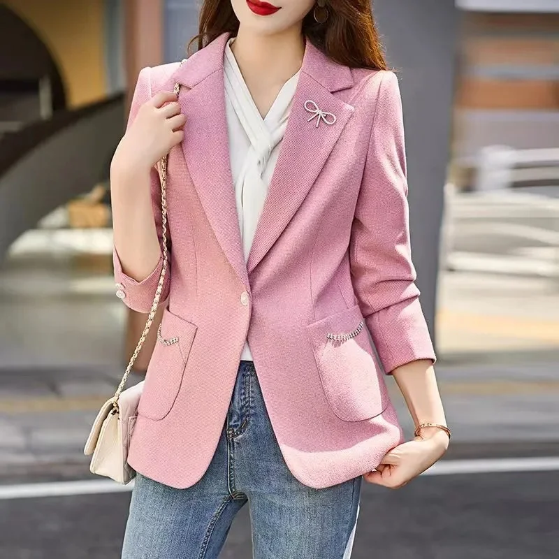 

Women's Pink Blazer 2023 Spring Autumn Winter Outerwear Female Fashion One Button Top Casual Woolen Thickened Suit Coat