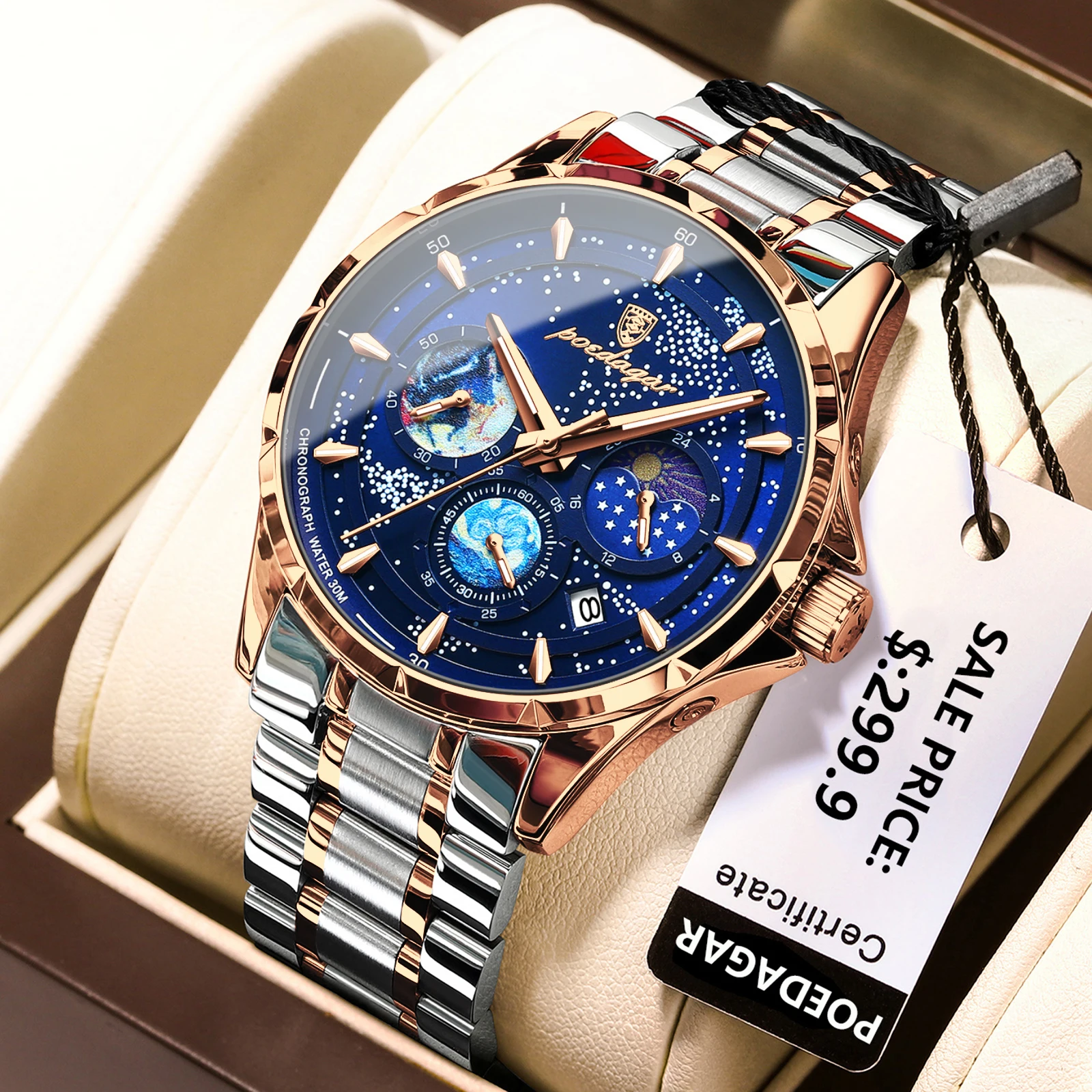 POEDAGAR Men\'s Watches Trend Fashion Original Quartz Watch for Man Starry Night Luminous Dial Moon Phase Date Waterproof Watch