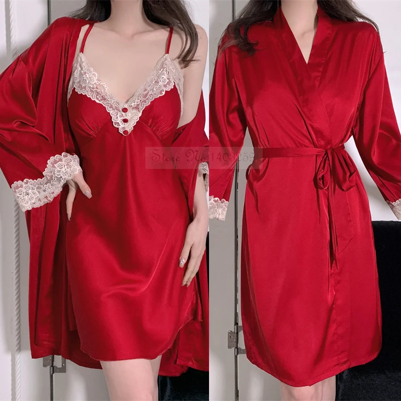 Female Sexy Black Twinset Robe Nightdress Set Lace Trim Sleepwear Kimono Bathrobe Nightgown Summer Rayon Home Dress Lounge Wear