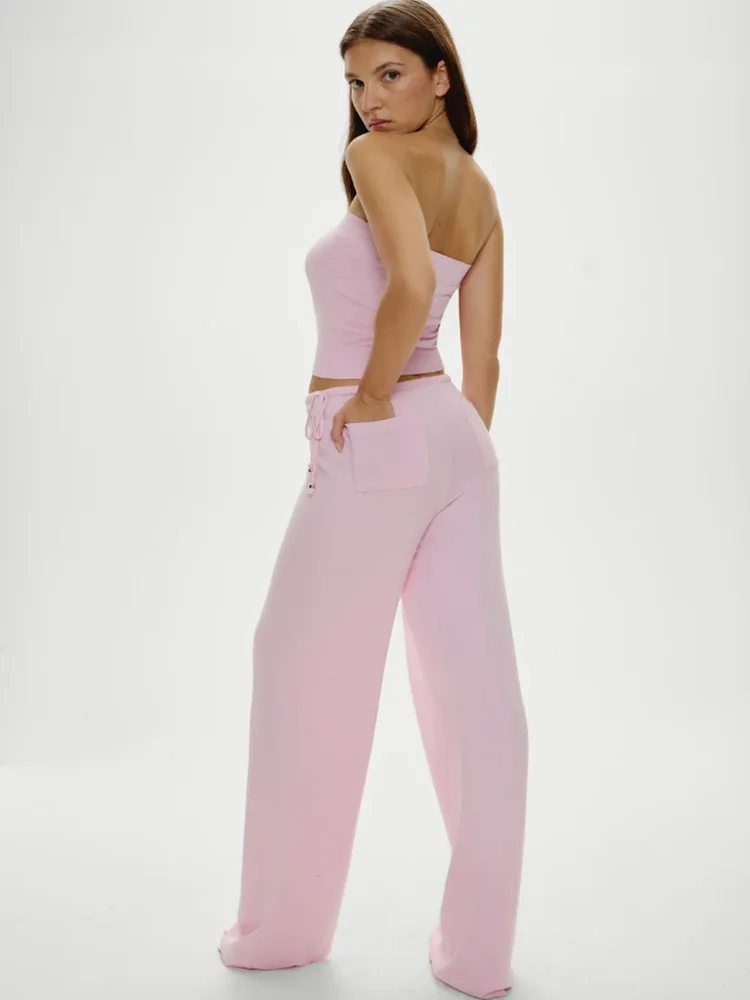 

Sexy American Style Knitted Long Pants Set for Women High Waist Short Sleeve round Neck Pullover High Elasticity Floor Length