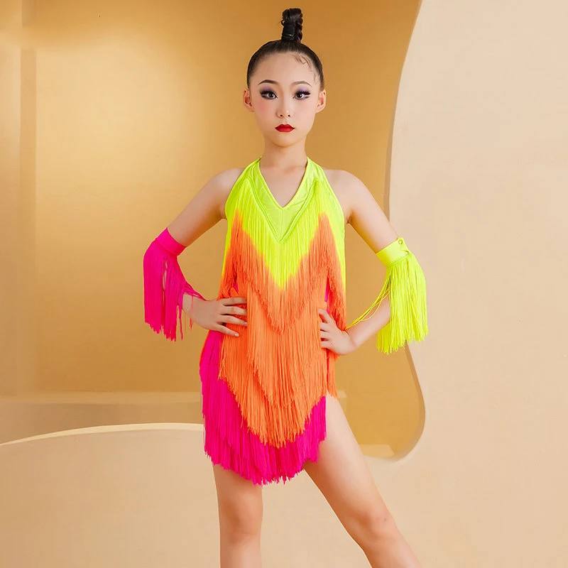 

Платье для латиноамериканских танцев с пышной юбкой, на бретельках, с бахромой и цветами, для тренировок и выступлений