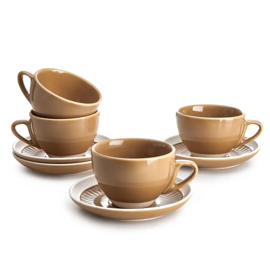 

6 Ounce Cappuccino Cups with Saucers, Porcelain Double Espresso Cups Set of 4 Yellow