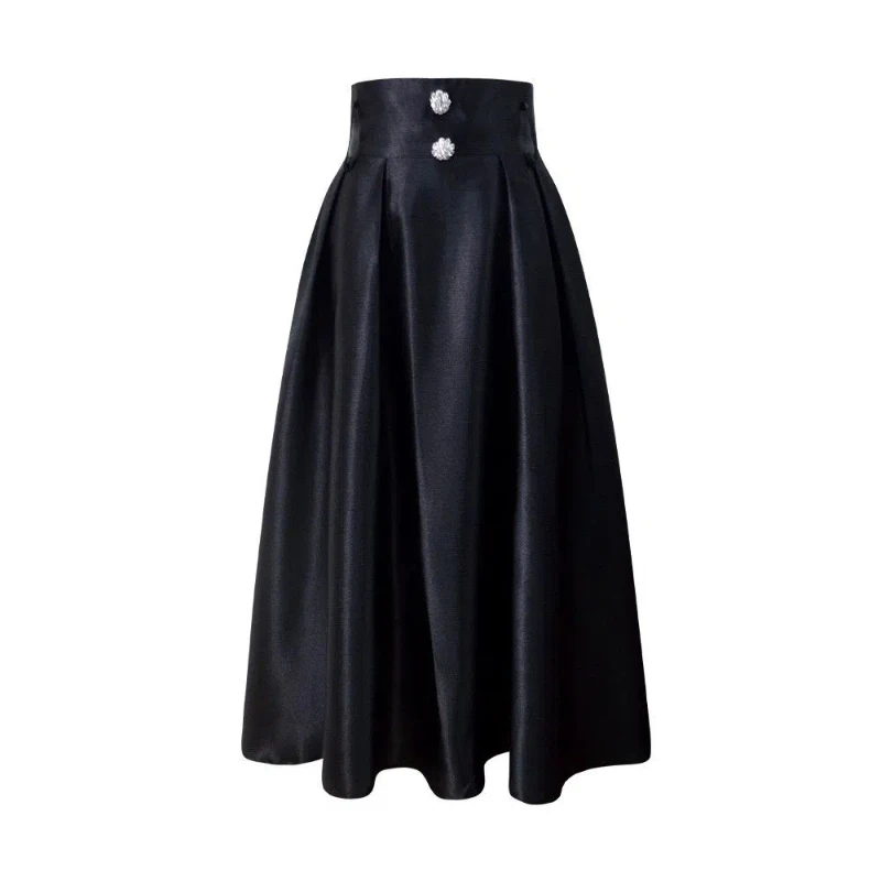 Hepburn Style Small Black Dress Spring Summer Autumn Small Stature Big Swing Skirt High Waist Slimming A- Line Umbrella Skirt