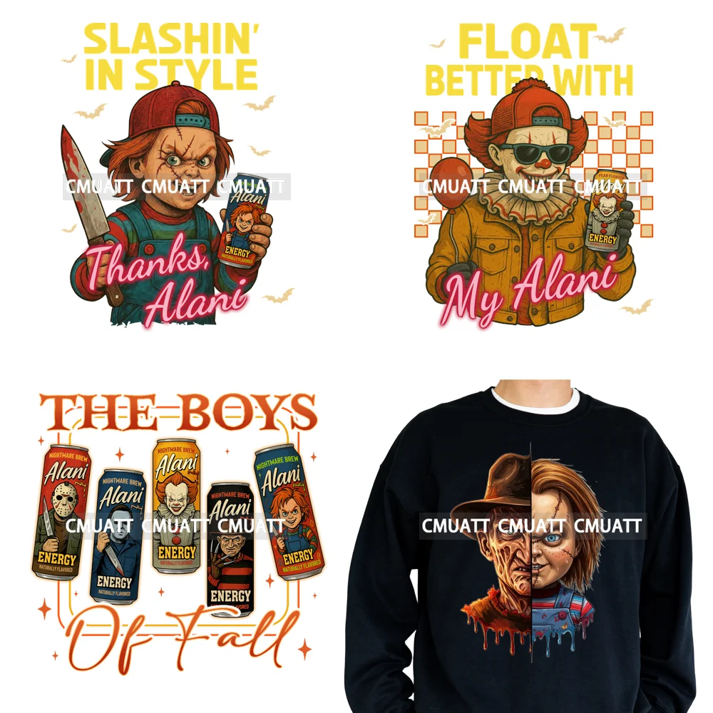 

Scary Movie Killer Spooky Halloween Soda Can Energy Drink Iron on Washable DTF Transfers Stickers Ready to Press for Clothing