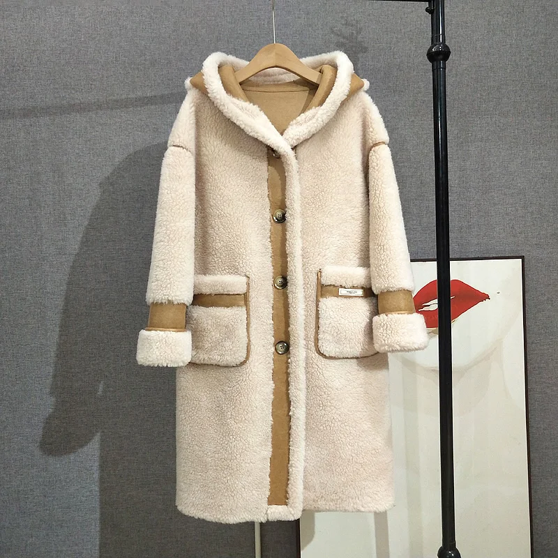 Suede Patchwork Lamb Wool Hooded Winter Coat Women Sheep Shearling Fur Warm Jacket Overcoat PT399