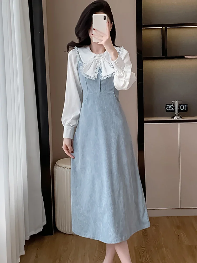 Automne hiver blanc Chic nœud dentelle poupée col t-shirts + bleu velours côtelé sangle robe deux pièces ensembles 2025 femmes coréen robe costumes