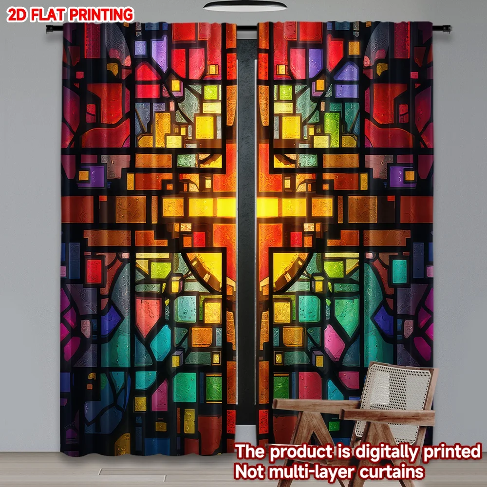 

2D flat printing 2pcs Window Curtains Colorful Stained Glass Cross Digital Printed Polyester Drapes Festive Wall Decor Perfect
