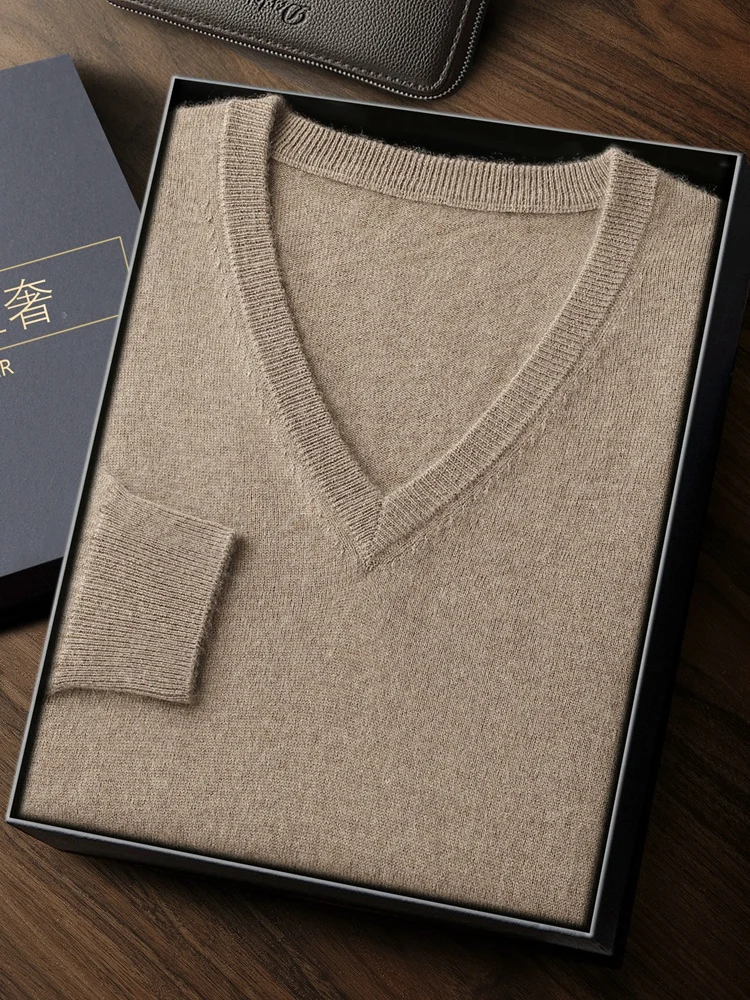 

Осень-зима, умный повседневный свитер с v-образным вырезом, мужской вязаный пуловер из 100% кашемира, однотонный базовый мягкий теплый свитер, топы 2025 г.