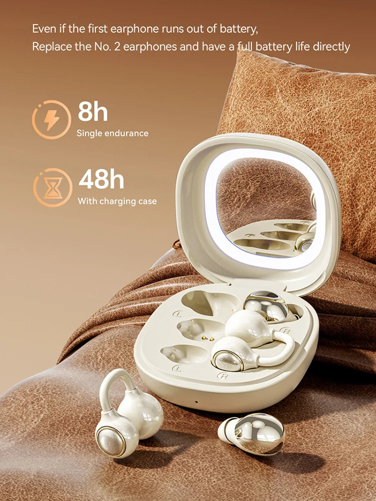 

Wireless Bluetooth Earphones 2-in-1 Dual Pairs Ear Clip & In-Ear with Makeup Mirror for Couples Gift Long Battery HiFi Sound