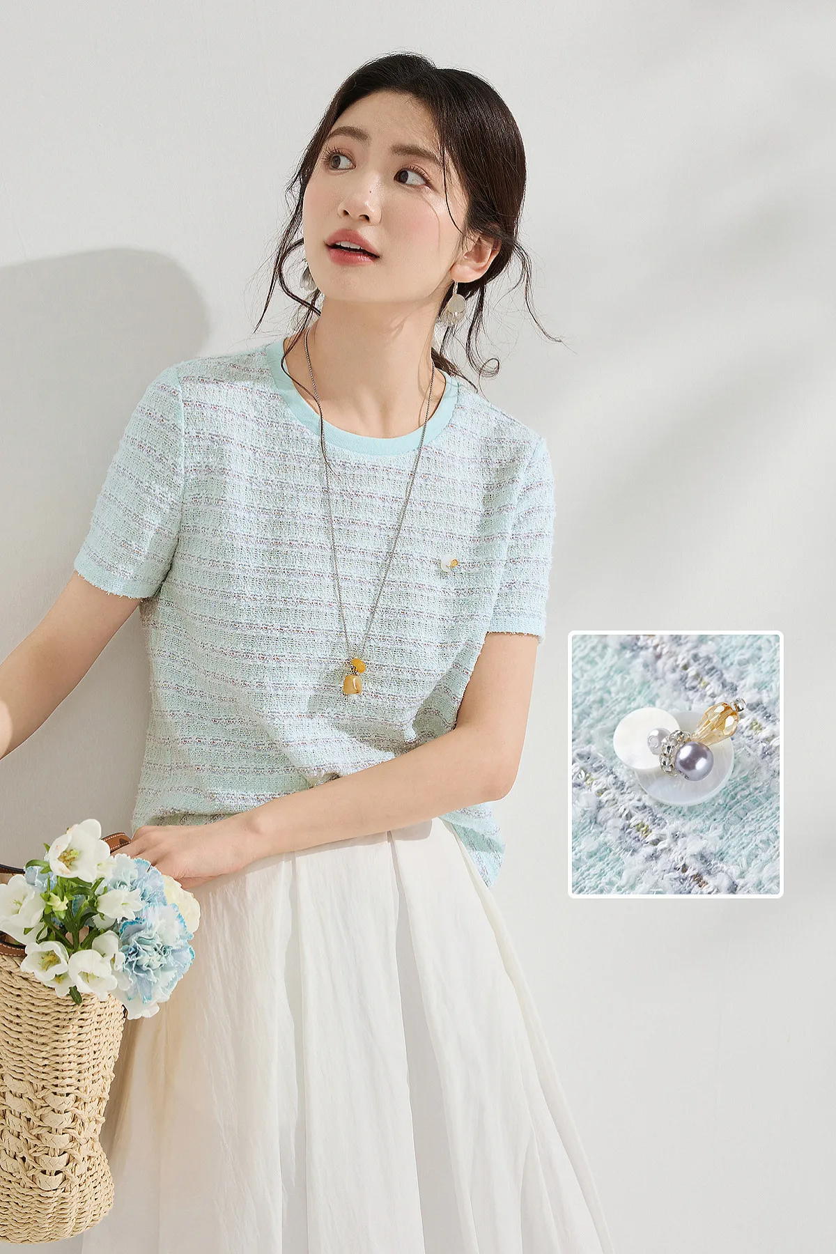 SENTUBILA Vielseitiges geripptes Rundhals-T-Shirt für Damen mit Streifenmuster, Sommer 2026, strukturiertes, gerades Strick-Oberteil, Damenbekleidung Q62TL7174 – Detail 15
