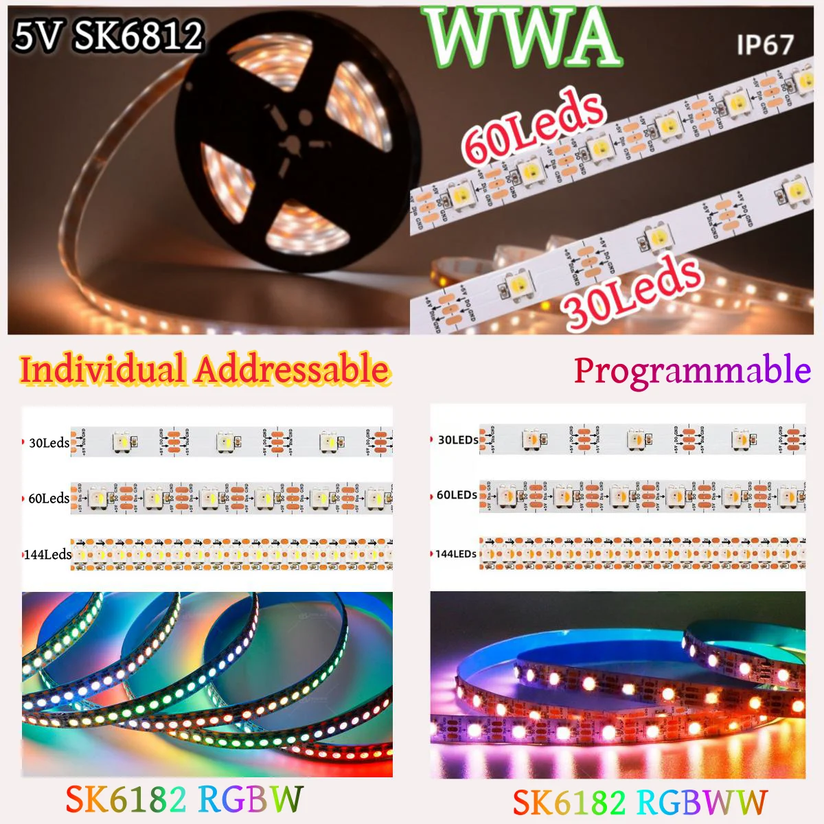 1/5m 5V SK6812 RGBW RGBWW WWA 4 w 1 pasek LED 30/60/144led oświetlenie pikselowe indywidualny adresowalny taśma pikselowa Led biały IP30/65/67