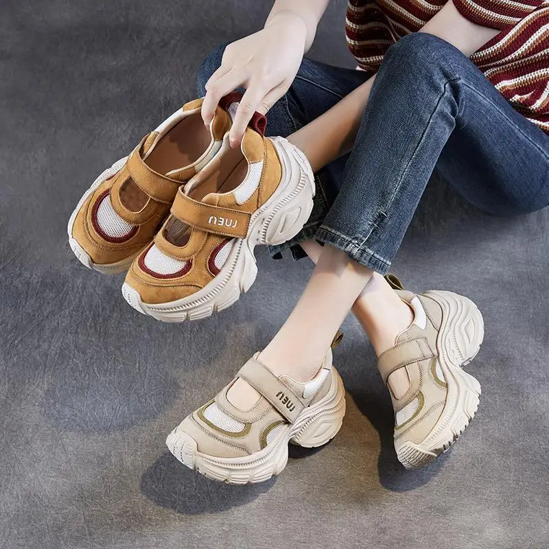 

Retro Thick Bottom Hollow out Real Leather Sandals Women's Magic Tape Mary Jane Shoes Comfortable Breathable Casual Footwear